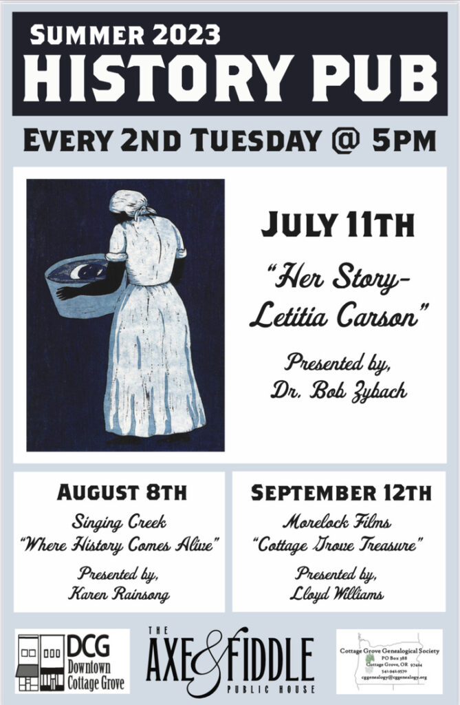 History Pub flyer for July 11, 2023: "Her Story -- Letitia Carson."